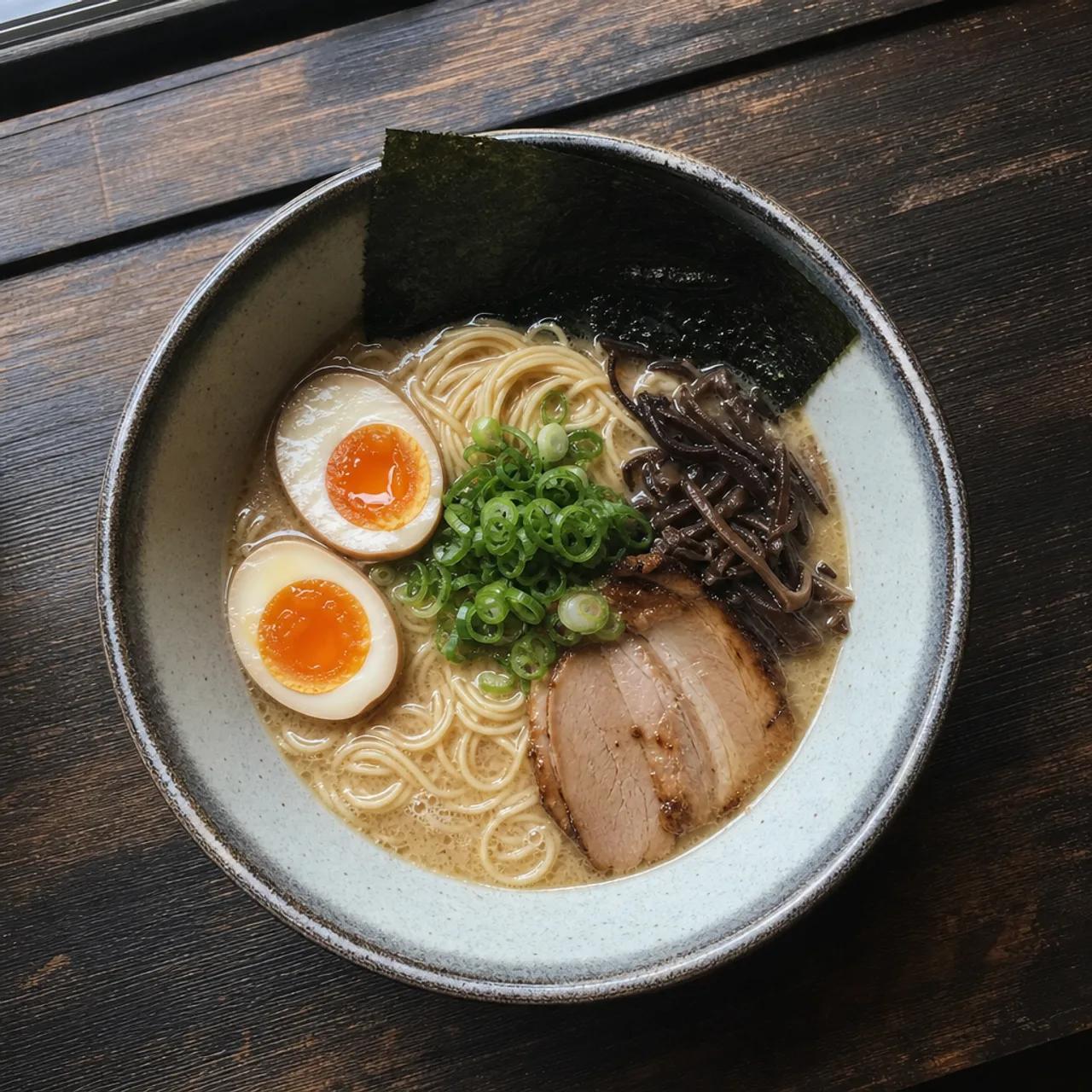 A bowl of ramen with soft-boiled eggs on a wooden table