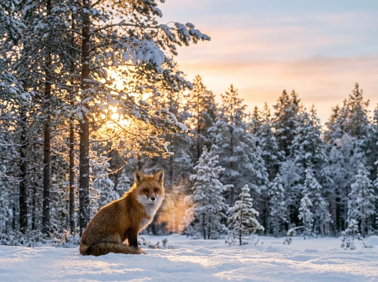 A red fox sitting in a snowy forest at sunrise