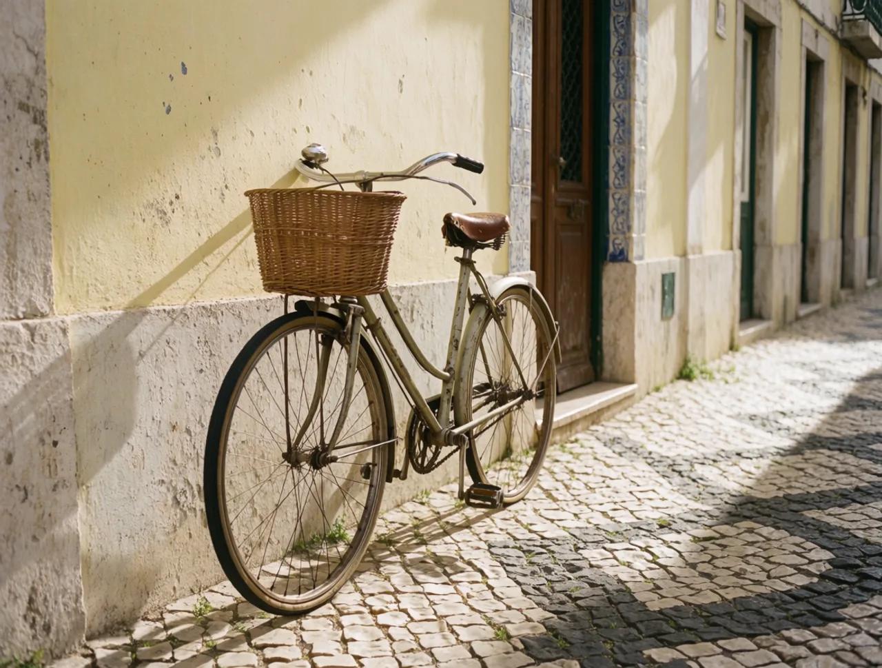 A bicycle with a wicker basket leaning against a yellow wall on a cobbled street