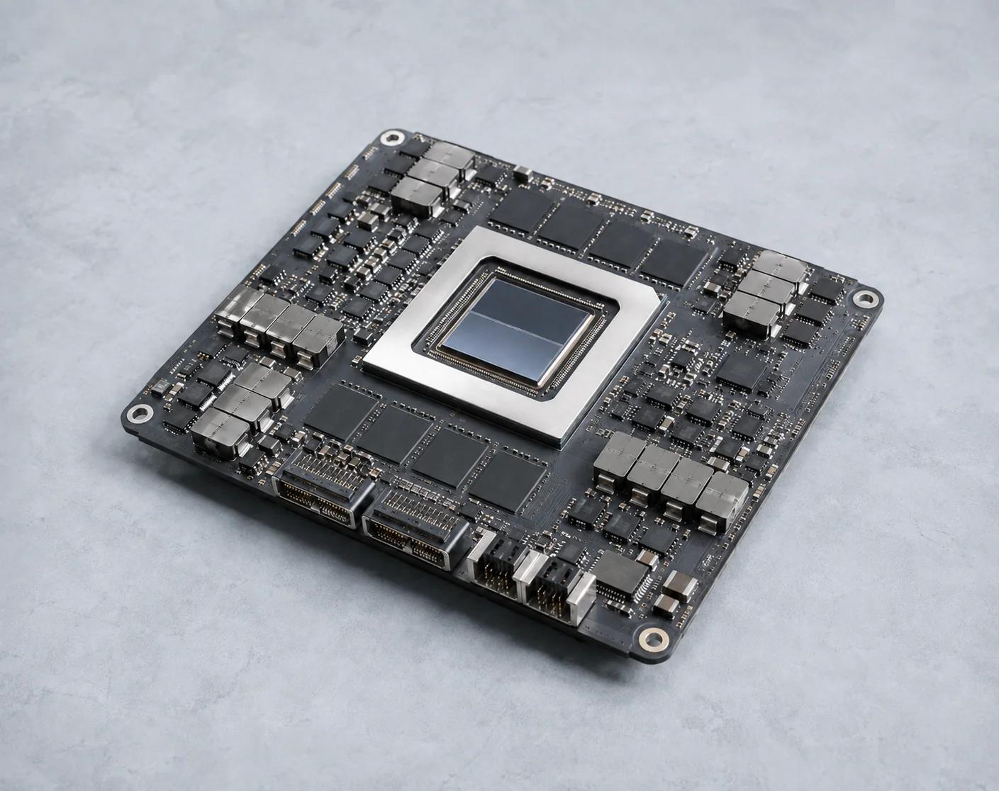 Illustrative professional GPU board with a silver processor frame on a pale background.