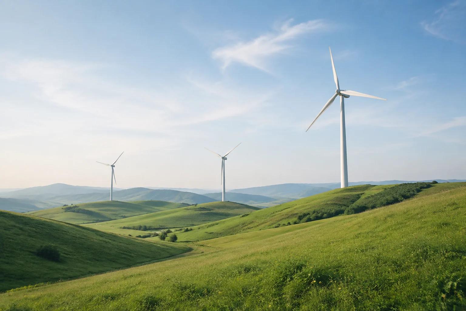 Illustrative landscape with wind turbines on green hills.