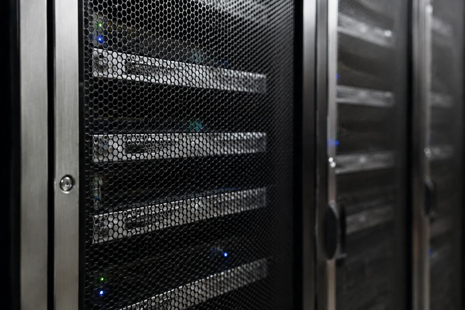 Illustrative close-up of server racks behind a metal ventilation grille.