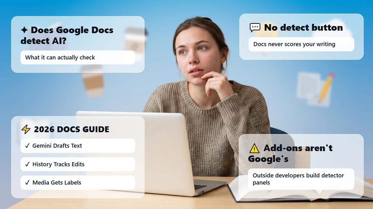 Student at laptop with glass cards on AI detection in Google Docs