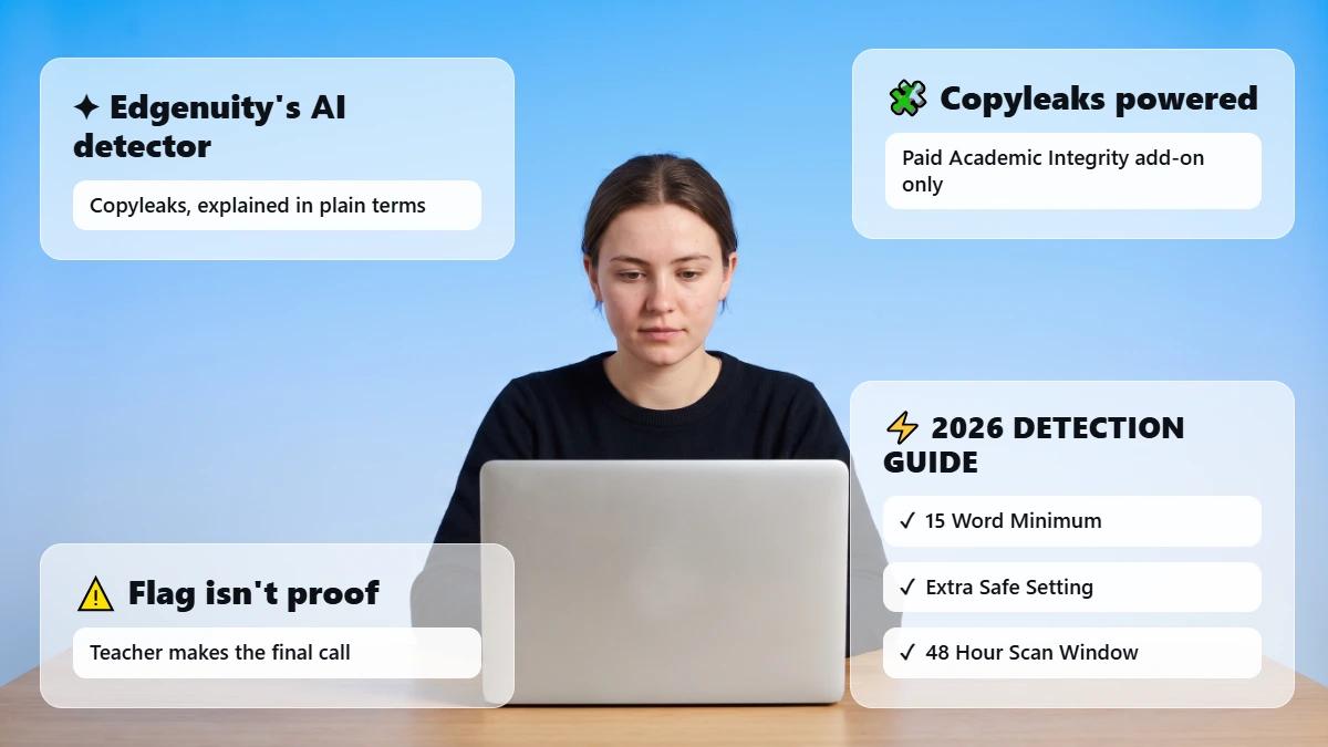 Student at desk with glass cards on Edgenuity's Copyleaks based AI detector