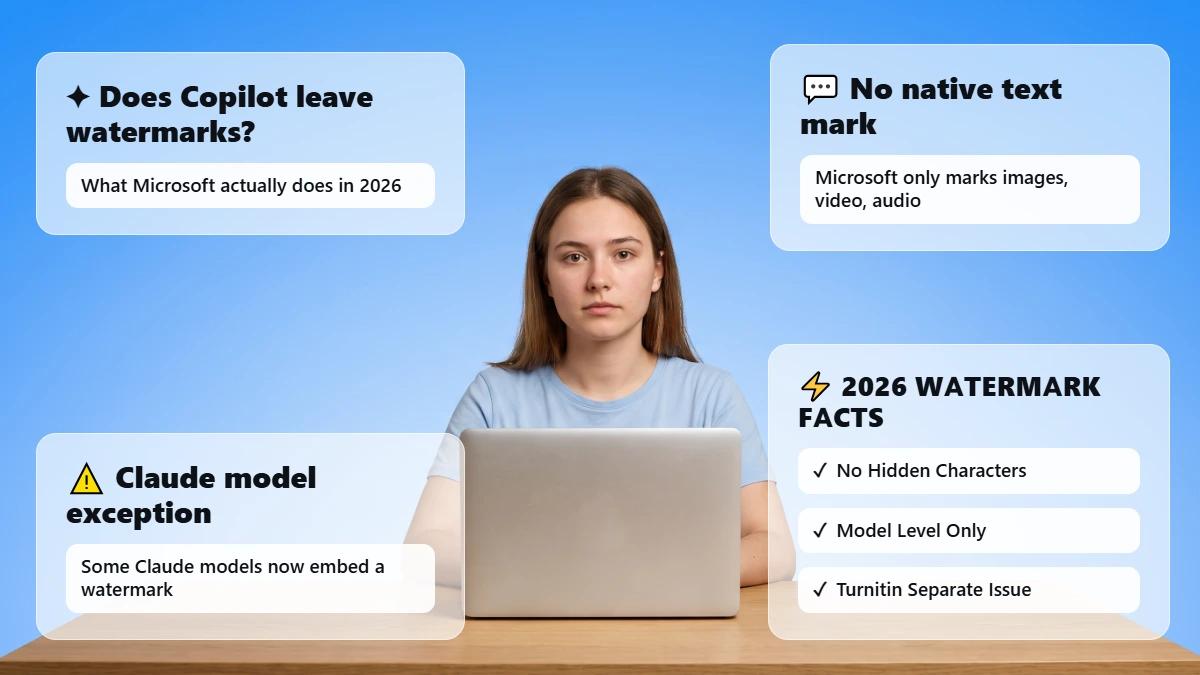 Student at laptop with header cards on Copilot text watermark facts