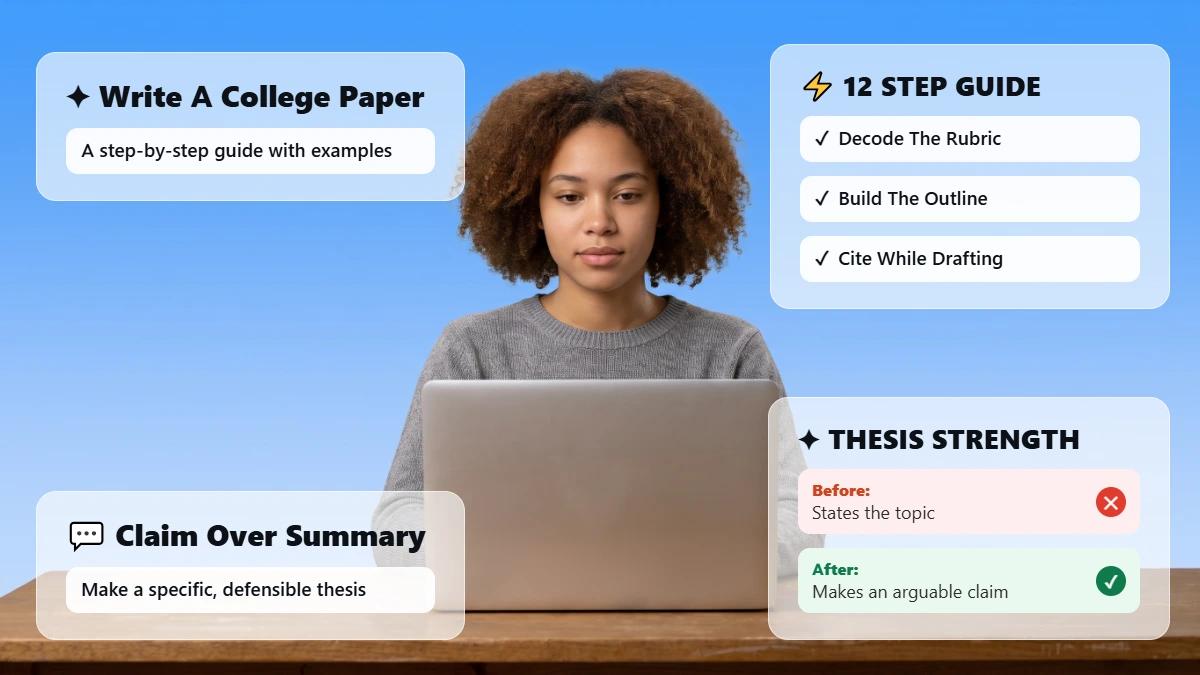 Student at desk with glass cards summarizing the college paper guide