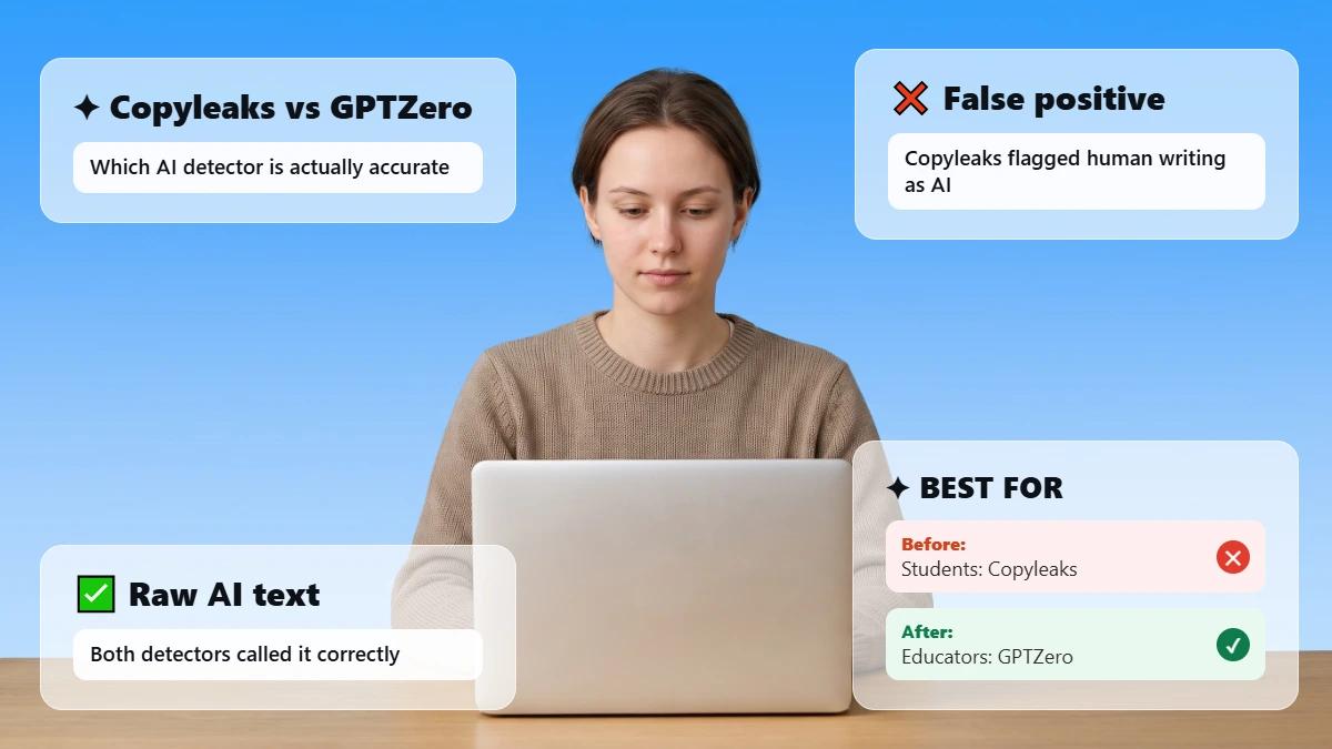 Student at laptop with glass cards summarizing Copyleaks vs GPTZero verdicts