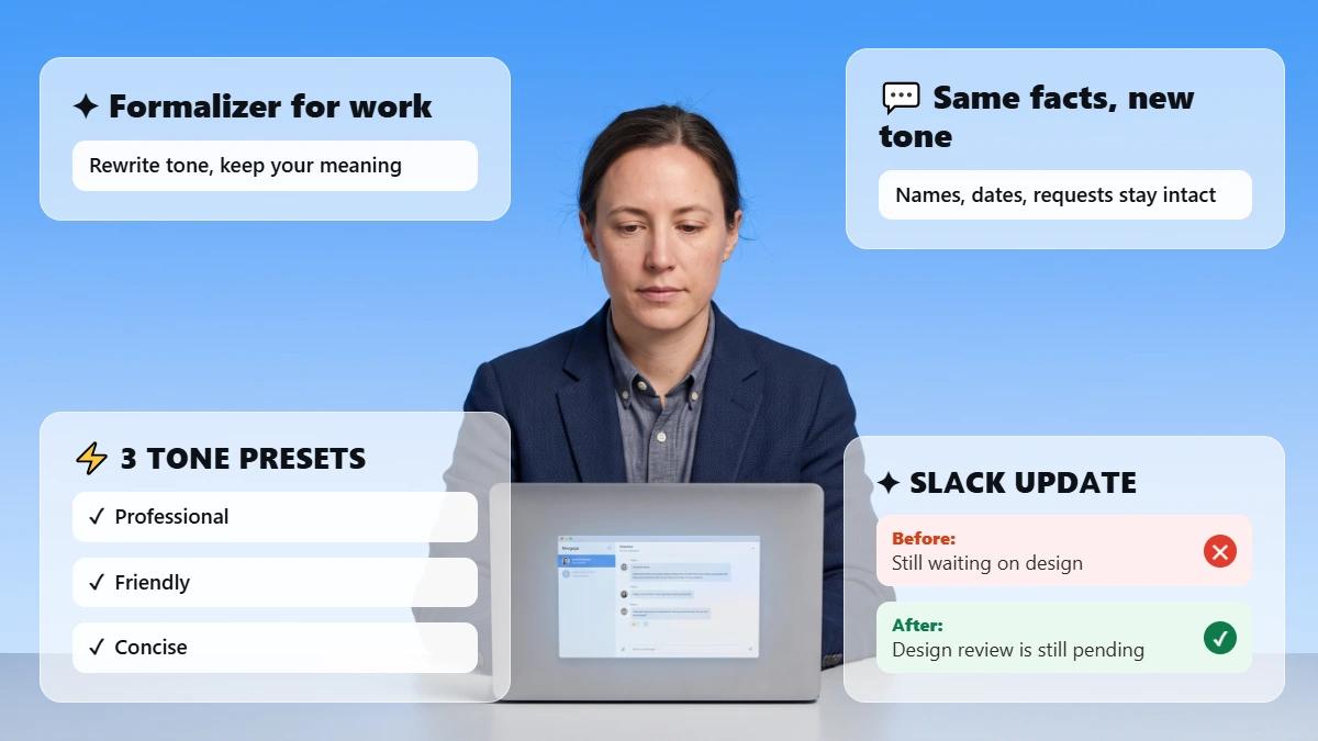 Professional at desk with glass cards about formalizer tone presets