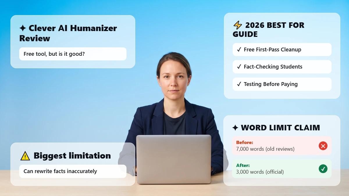 Marketer at a desk with header cards summarising the Clever AI Humanizer review