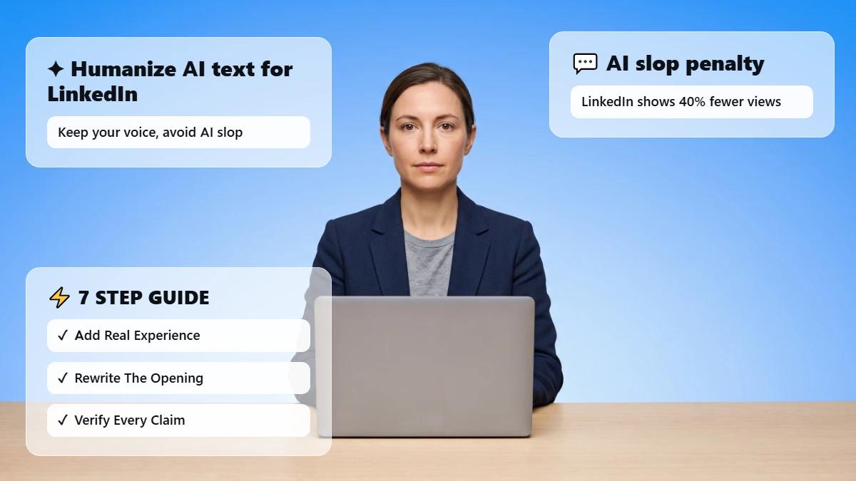 Marketer at laptop with glass cards on humanizing AI LinkedIn posts