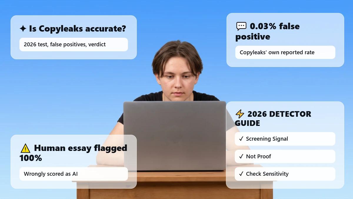 Student at desk with header cards on Copyleaks accuracy
