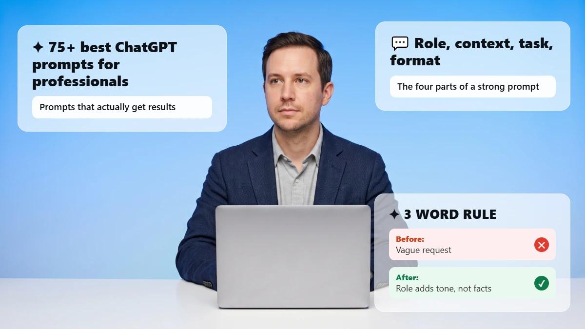 Professional at desk with prompt formula and 3 word rule cards