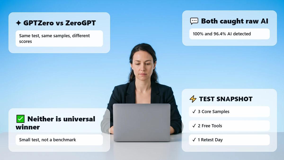 Professional at a desk with header cards comparing GPTZero and ZeroGPT