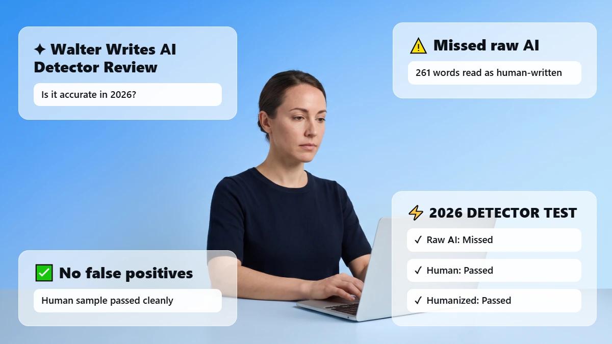 Header collage stating Walter detector missed raw AI but passed humans