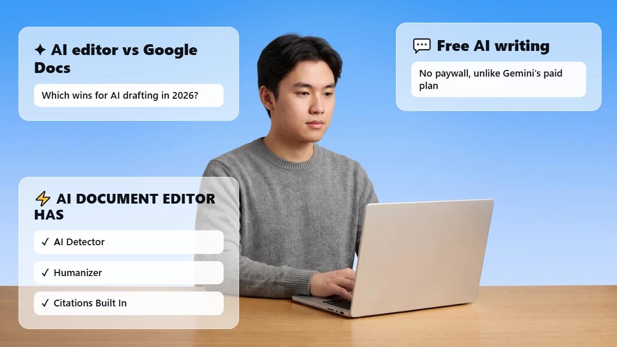 Student at desk with header cards comparing AI document editors and Google Docs