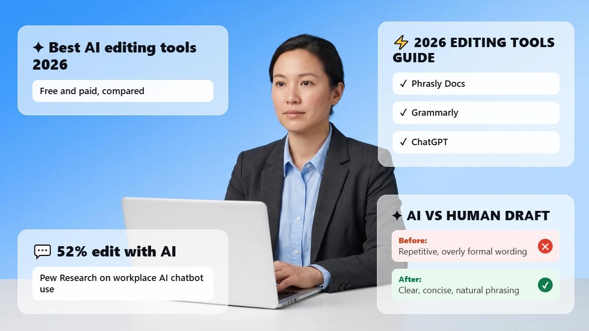 Professional at a laptop with header cards on AI editing tools for 2026