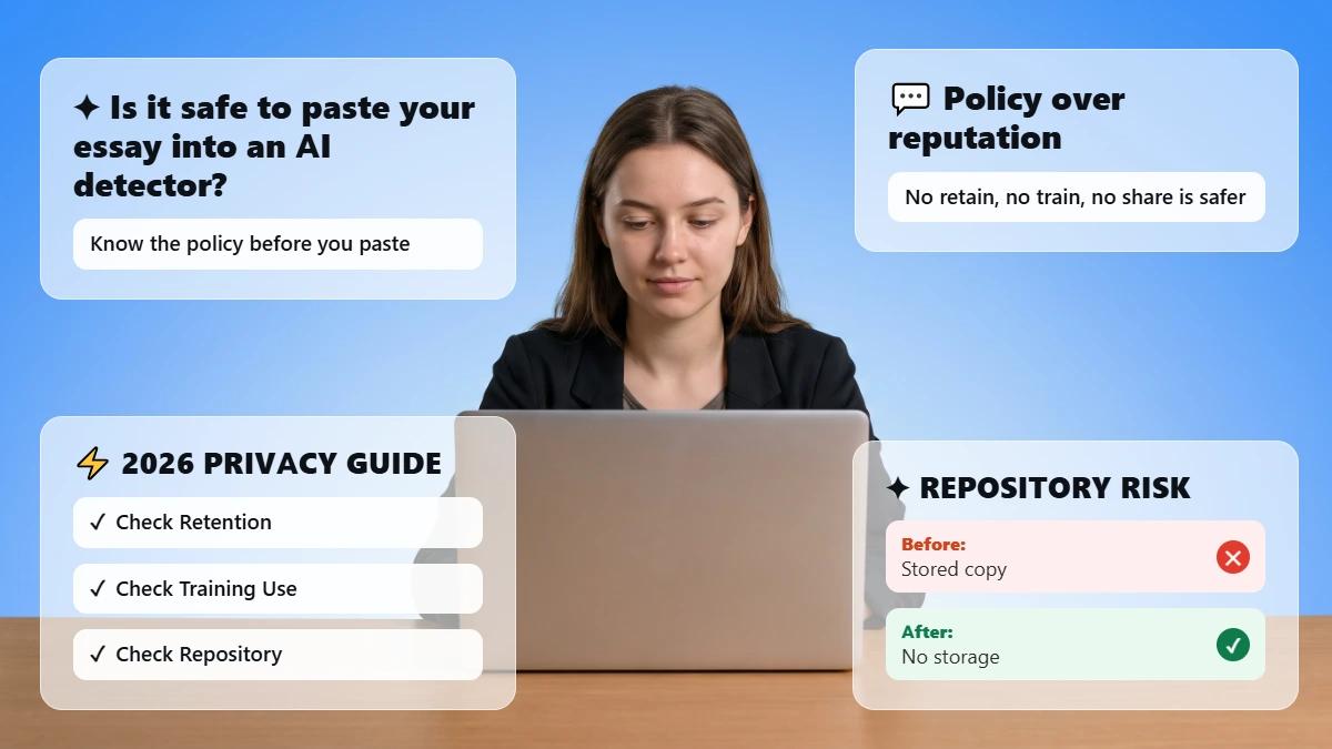 Student at laptop with header text on essay privacy and AI detectors