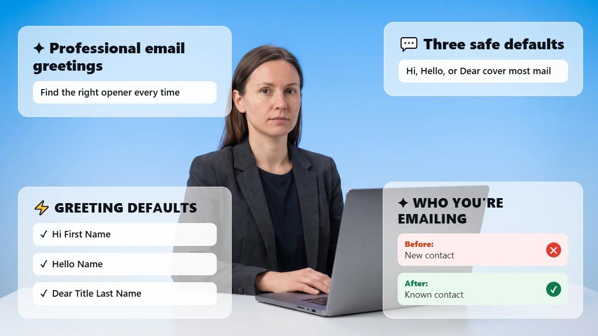 professional seated at laptop with greeting guide glass cards