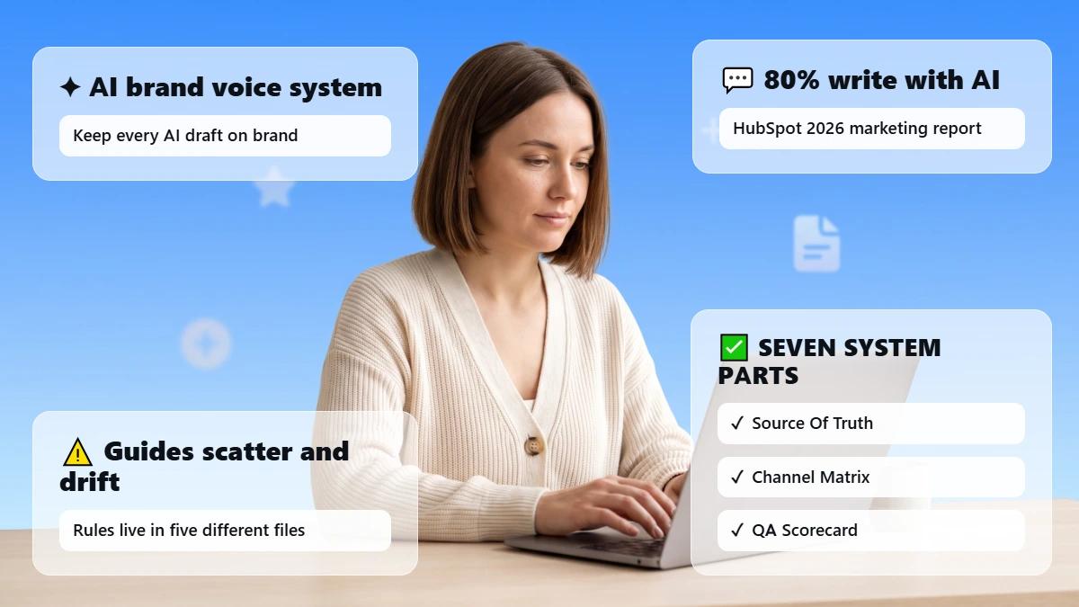 Marketer at laptop with brand voice system stat cards