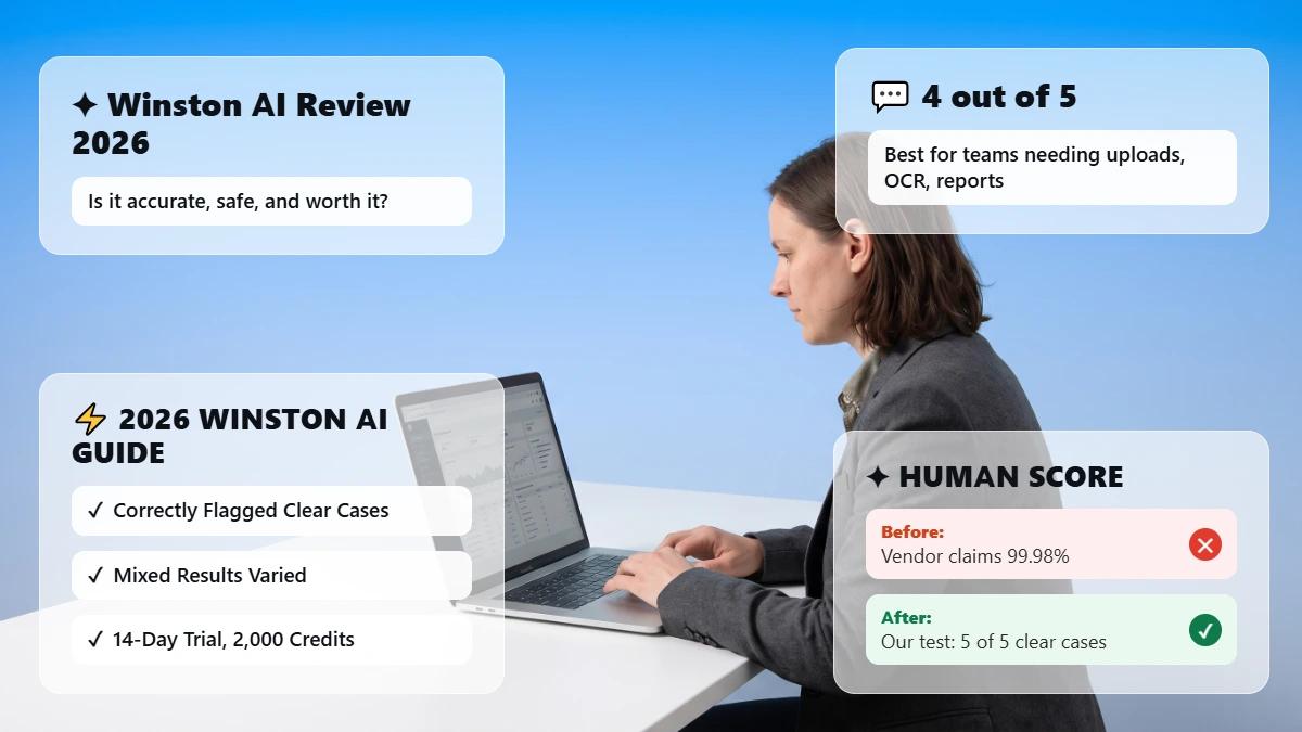 Professional at a desk with header cards summarizing the Winston AI review