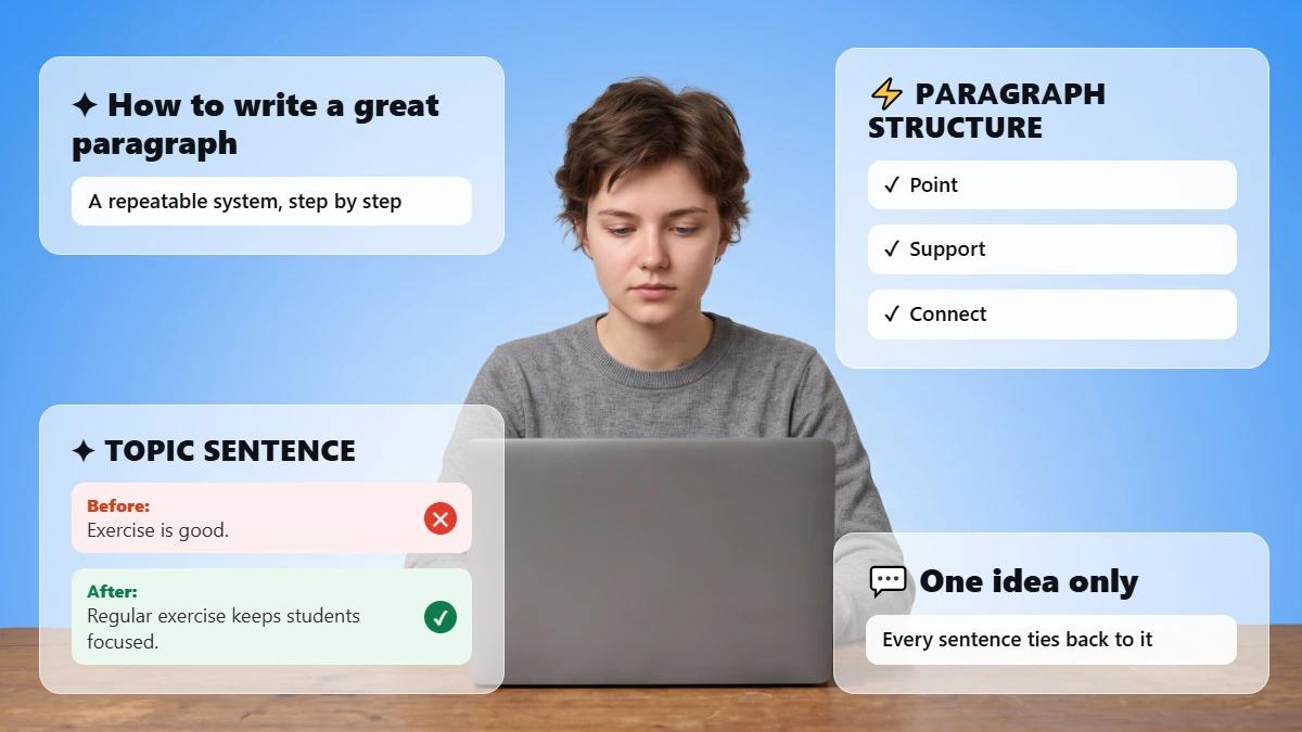 Student at a desk with laptop, header graphic for paragraph writing guide