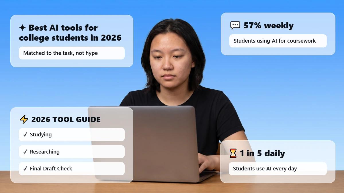 Student at a desk with laptop under blue gradient with stat glass cards