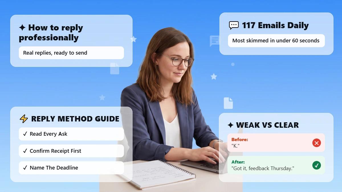 Professional at desk with notebook, glass cards on email reply tips