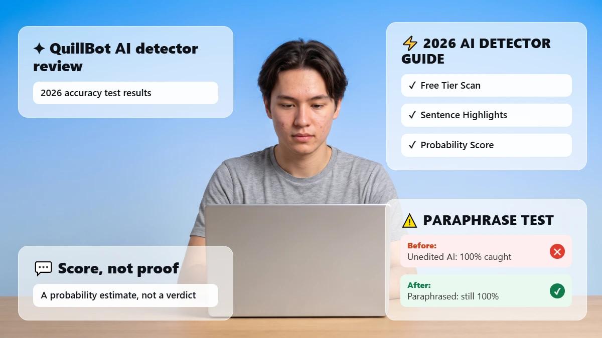 Student at laptop with glass cards summarizing the QuillBot AI detector review