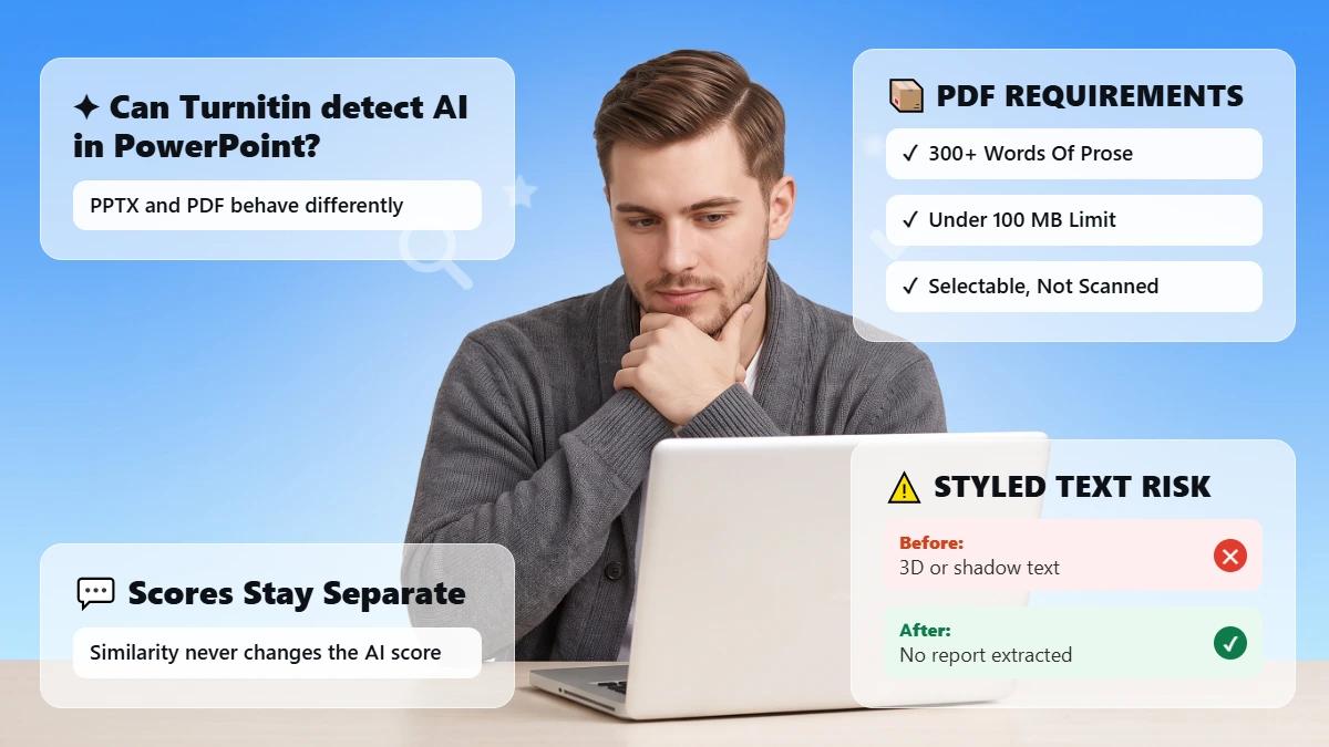 Student reviewing a laptop beside glass cards about Turnitin and PowerPoint AI detection