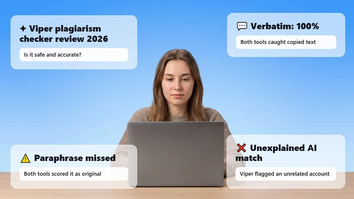 Student at laptop with glass cards summarizing the Viper review