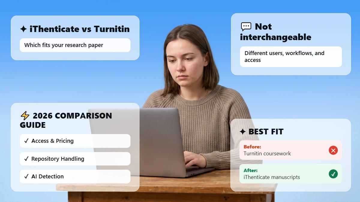 Student at laptop with header cards comparing iThenticate and Turnitin
