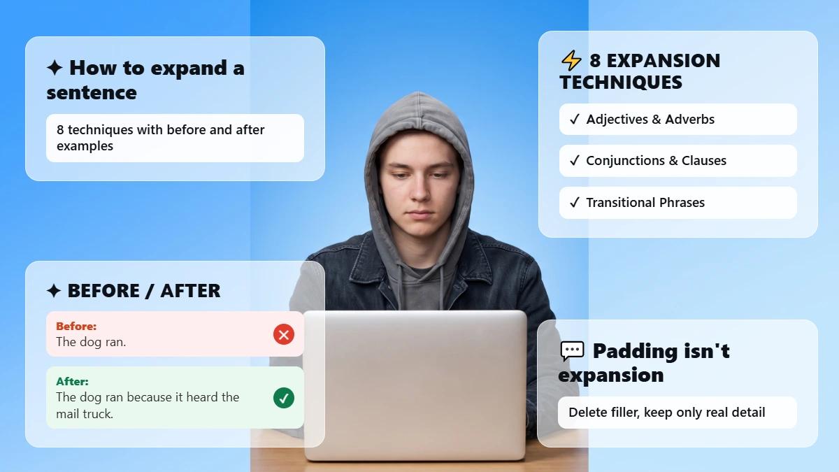 Student at laptop with headline cards about sentence expansion techniques