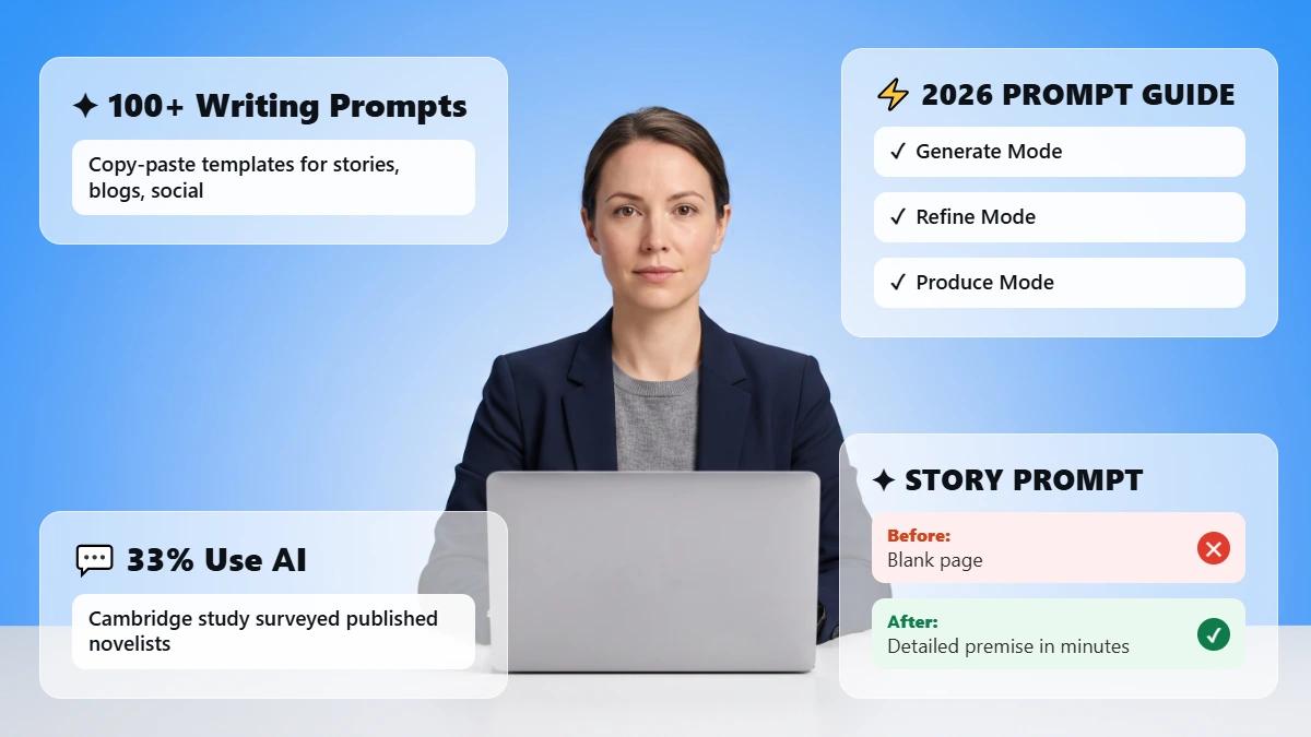 Marketer at a desk with glass cards summarising the prompt guide