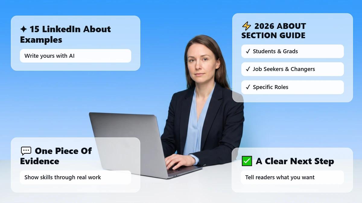 Professional at a laptop with glass cards summarizing the LinkedIn About guide