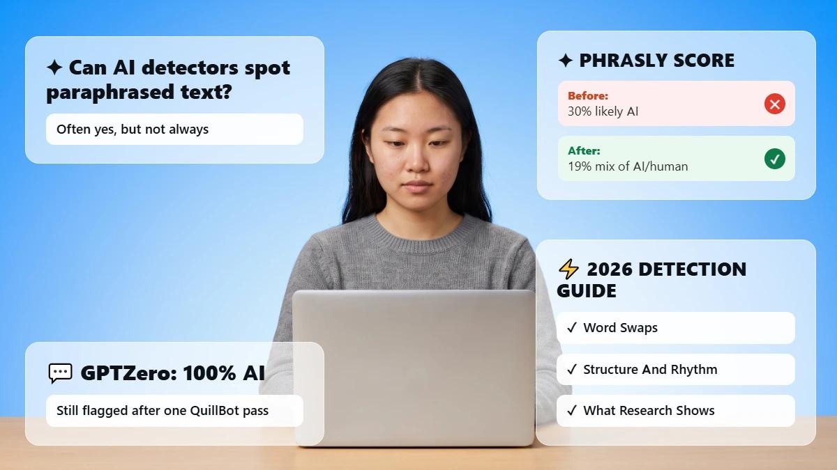 can ai detectors detect paraphrased text, a student at a laptop beside panels showing Phrasly AI Detector moving from 30% likely AI to 19% mix of AI and human, and GPTZero still scoring 100% AI after one QuillBot pass