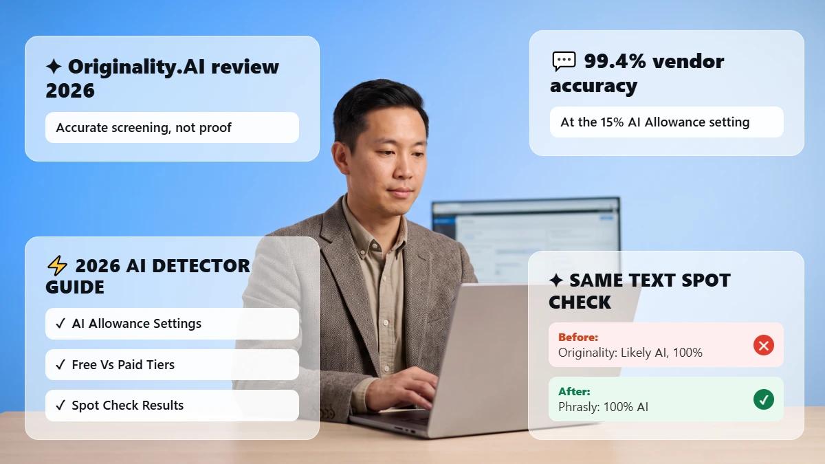 Marketer at laptop with Originality.AI review glass cards overlay