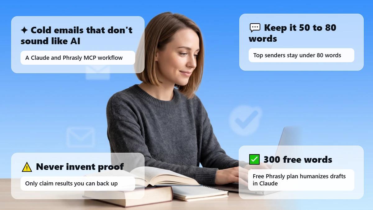 Professional at a desk with books, cold email workflow header