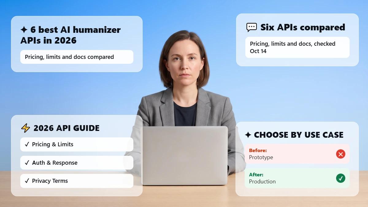 Developer at a laptop with cards reading 6 best AI humanizer APIs in 2026, pricing, limits and docs compared, and a checklist of pricing and limits, auth and response, and privacy terms.