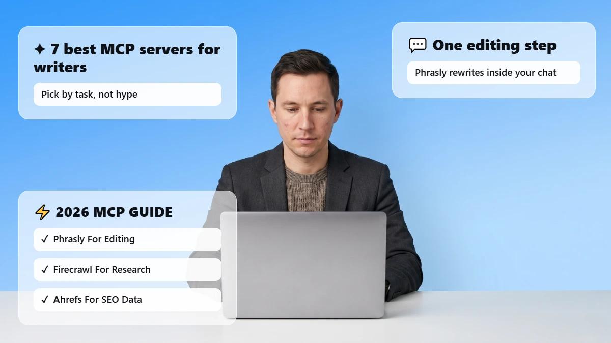 Marketer at a studio desk with laptop, header for MCP servers guide