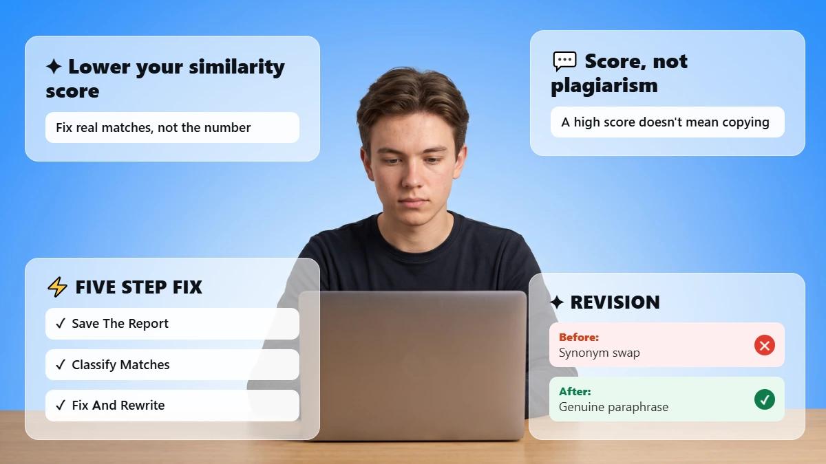 Student at a laptop with tips on lowering a similarity score by fixing real matches.
