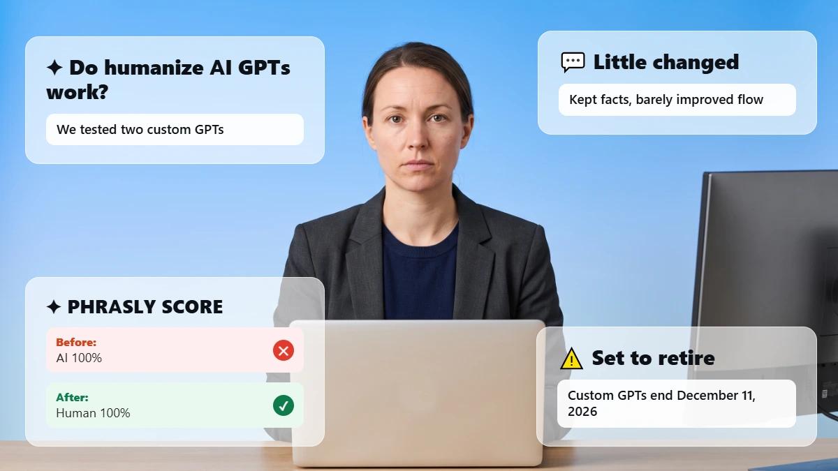 Do humanize AI GPTs work? Header showing that two custom GPTs kept the facts but barely improved the flow, the Phrasly rewrite’s GPTZero result went from AI 100% to Human 100%, and custom GPTs are set to retire on December 11, 2026.