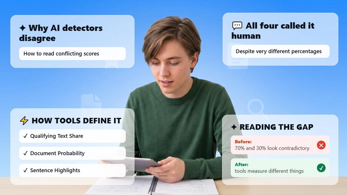 Student reading AI detector results on a tablet against a blue gradient