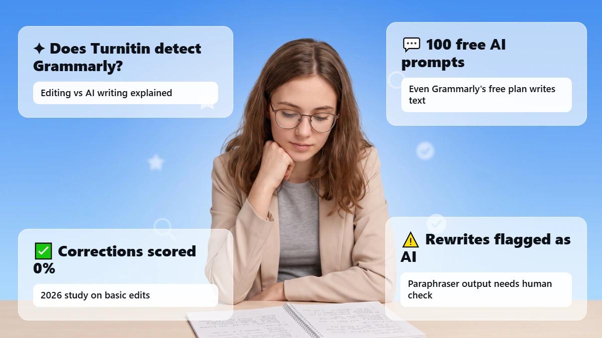 Student at a desk with a notebook, blue gradient background, header cards on Grammarly and Turnitin flags