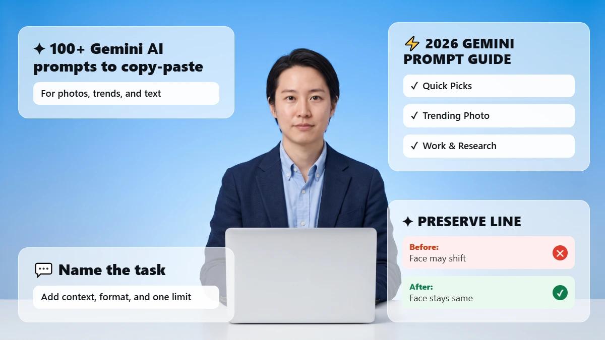 Professional at a laptop with glass cards about Gemini prompt tips