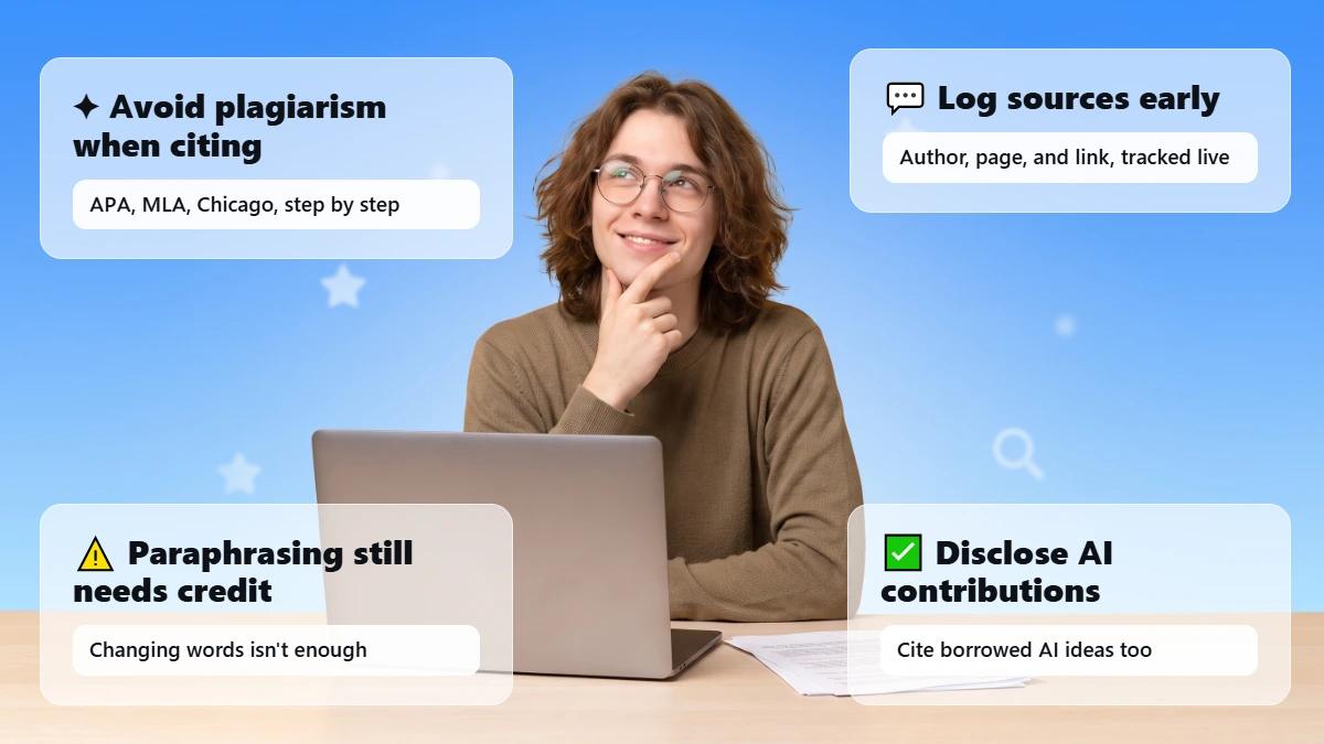 How to cite sources to avoid plagiarism: student at a laptop with glass cards summarizing citation tips