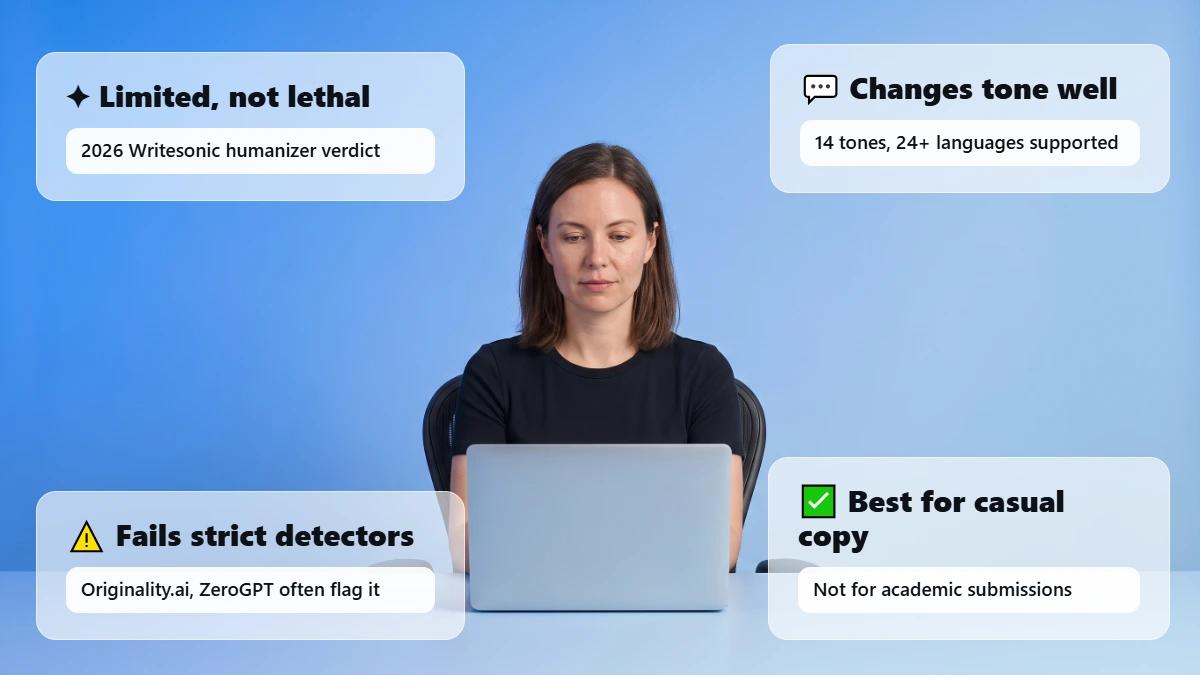 Verdict summary cards over a marketer at a laptop