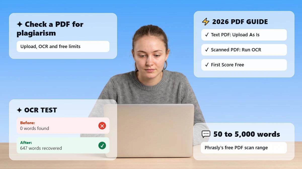 Student at a laptop with cards reading check a PDF for plagiarism, text PDFs upload as is, scanned PDFs need OCR, an OCR test going from 0 words found to 647 words recovered, and Phrasly’s 50 to 5,000-word scan range.
