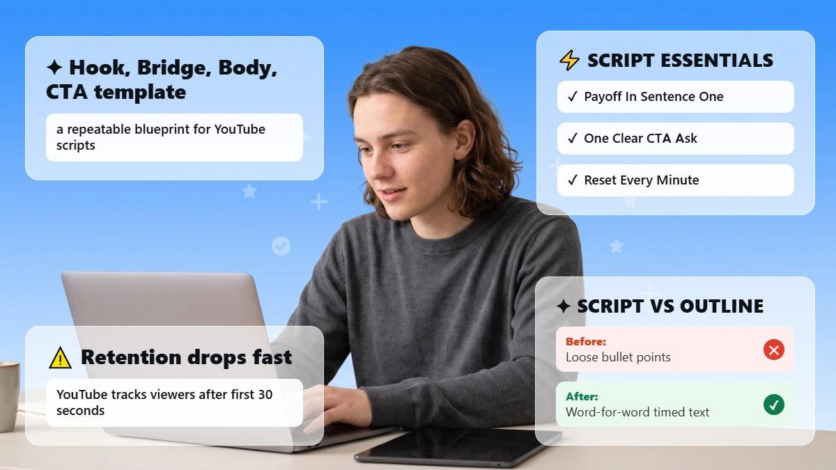 how to write a youtube script, creator at a laptop with cards showing the Hook, Bridge, Body, CTA template and script tips
