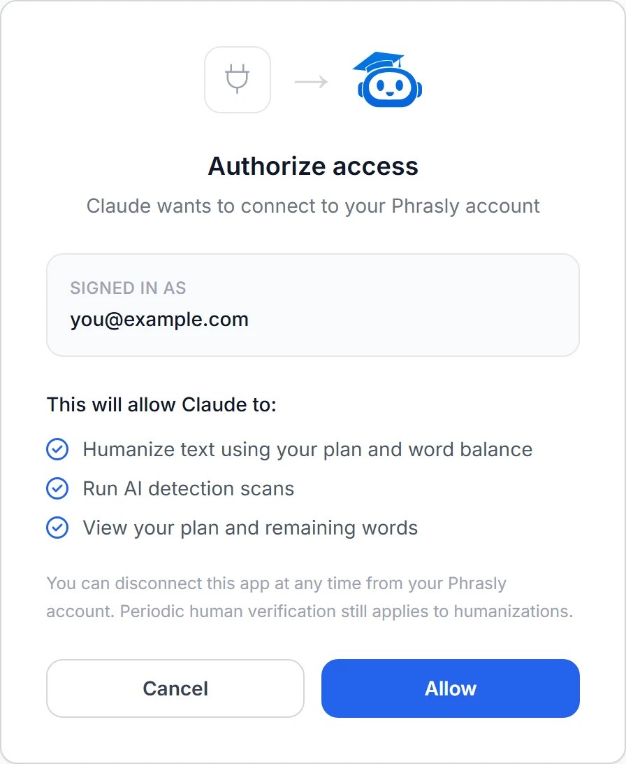The Phrasly approval screen, where Claude asks to connect to your Phrasly account