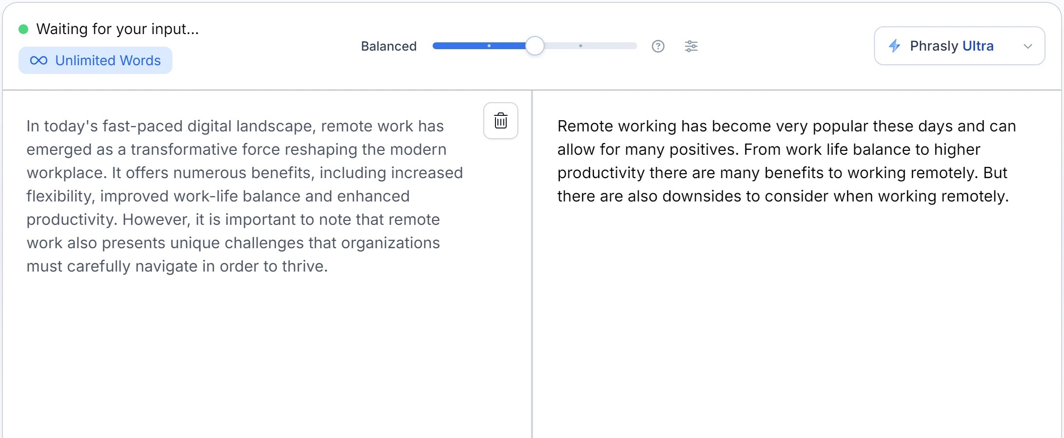 The Phrasly humanizer rewriting an AI-written paragraph with Phrasly Ultra